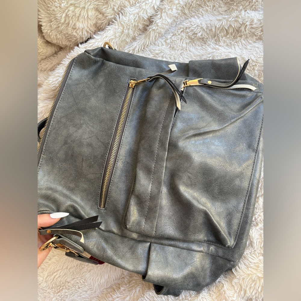 Brand new Gray Leather Backpack with Colorful Strap